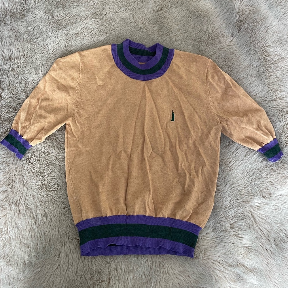Beige and purple cropped sweater top